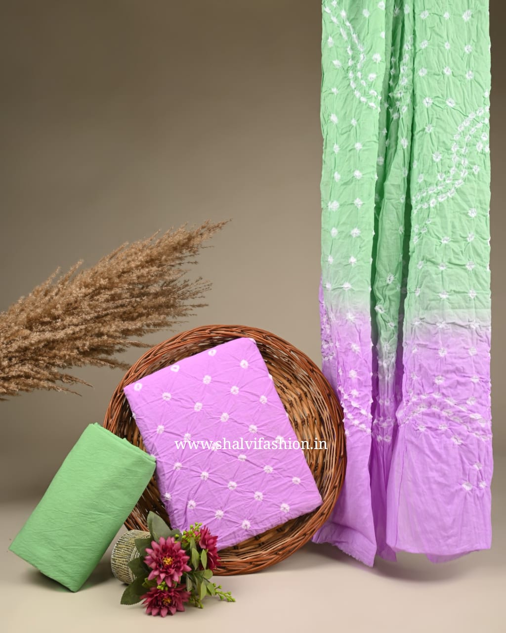 Shop jaipuri bandhani print cotton suits with mulmul dupatta (BAS37)