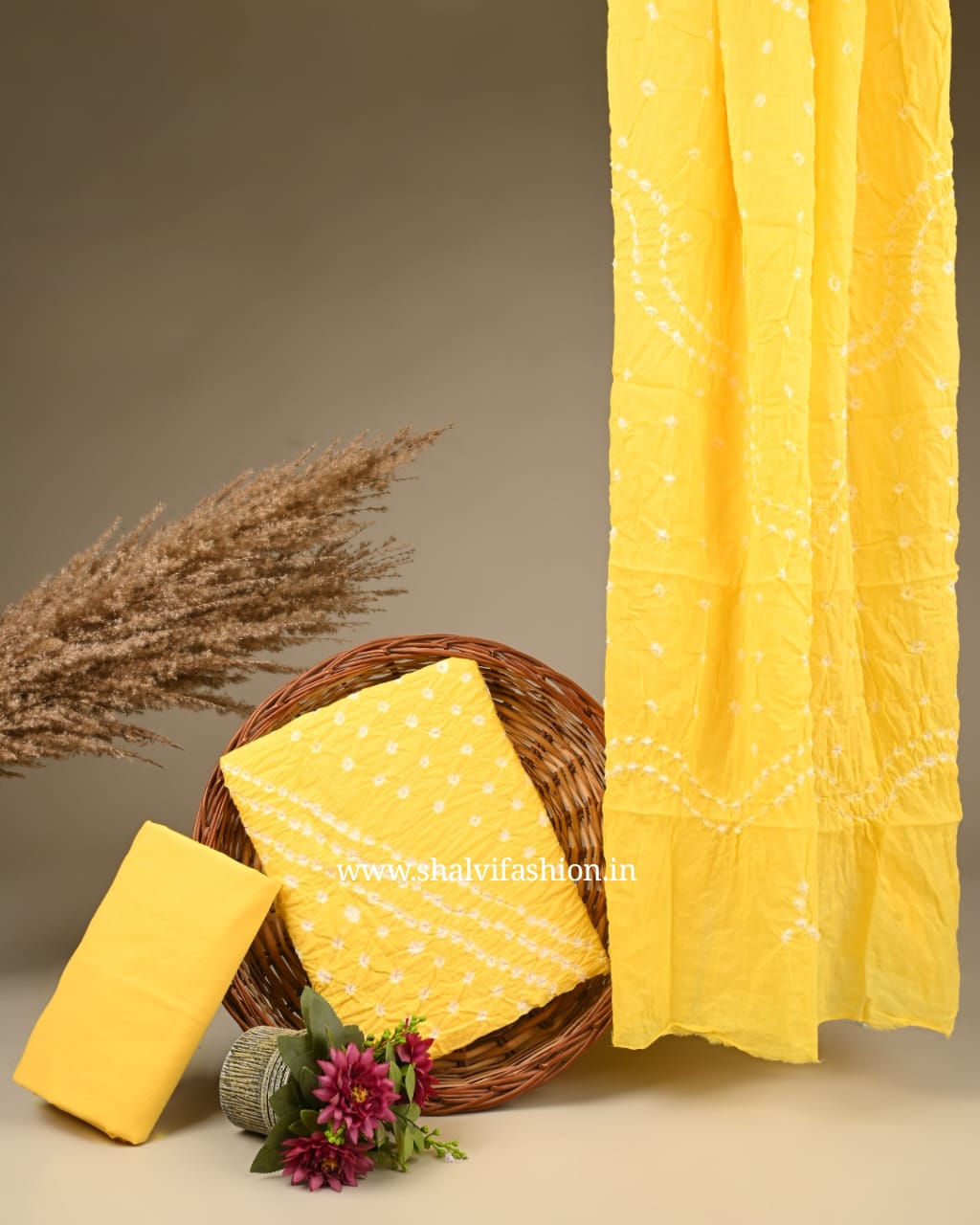 Shop bandhani print cotton suits with mulmul dupatta (BAS40)