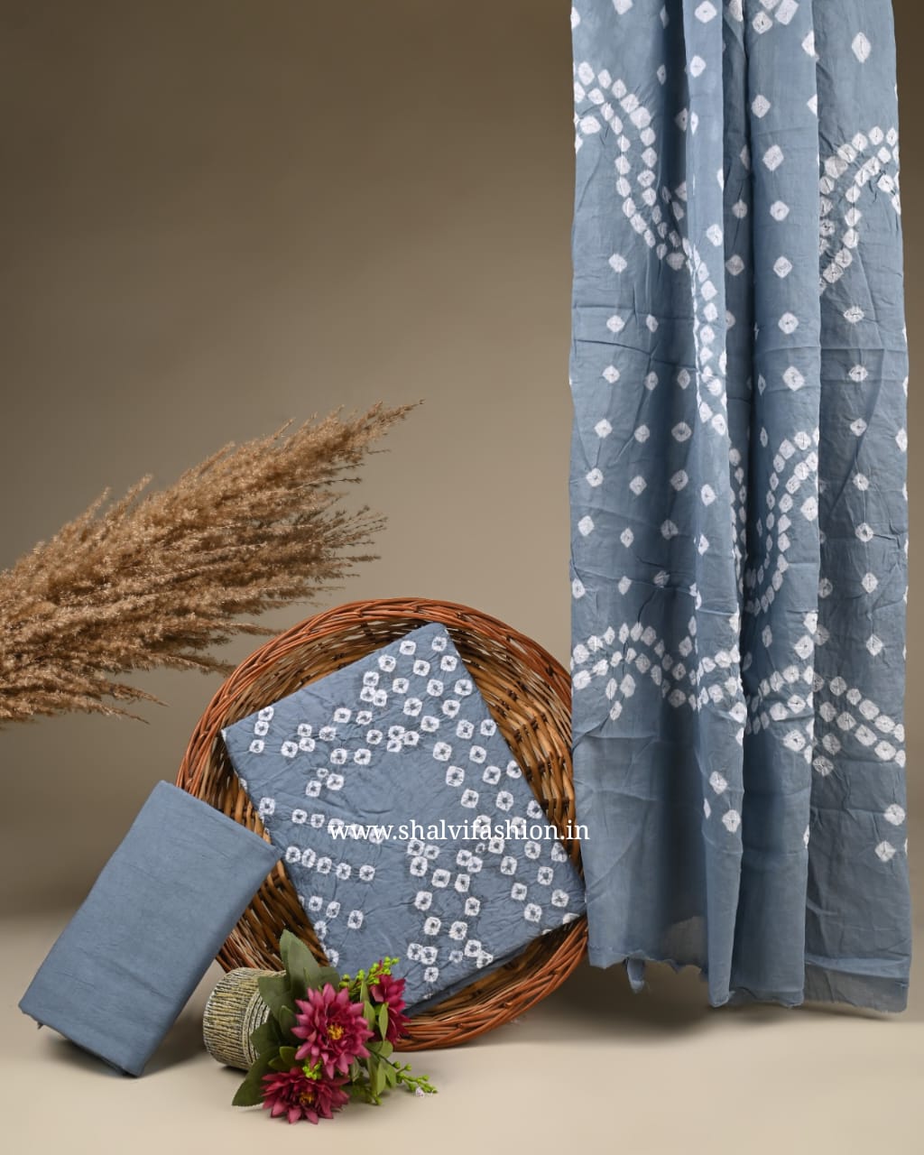 Shop bandhani printed cotton suits with mulmul dupatta in jaipur (BAS43)