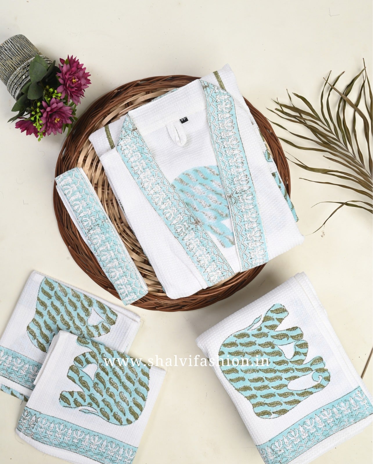 Shop block printed waffle cotton bath linen sets (BLS06)