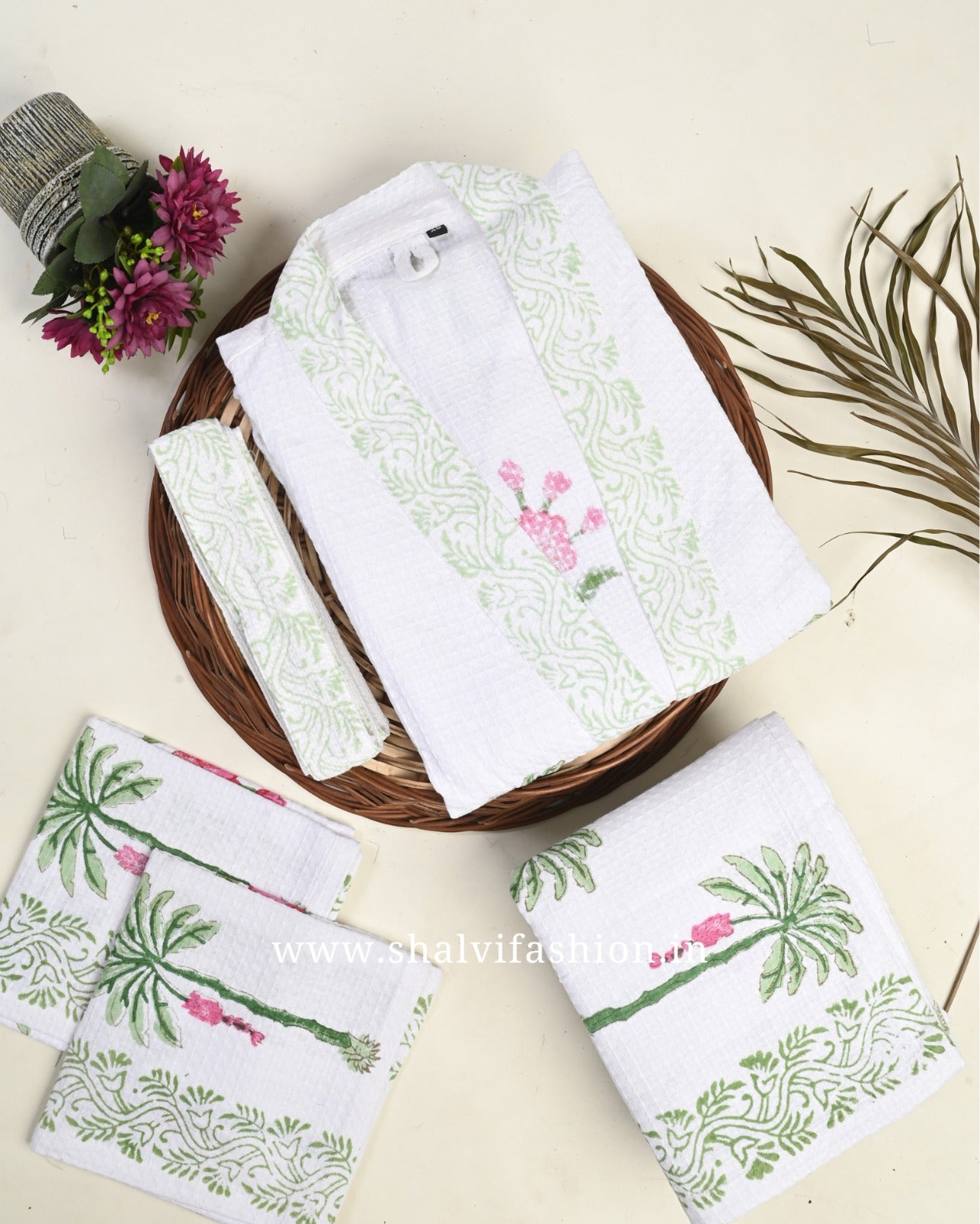 Shop block printed waffle cotton bath linen sets (BLS07)