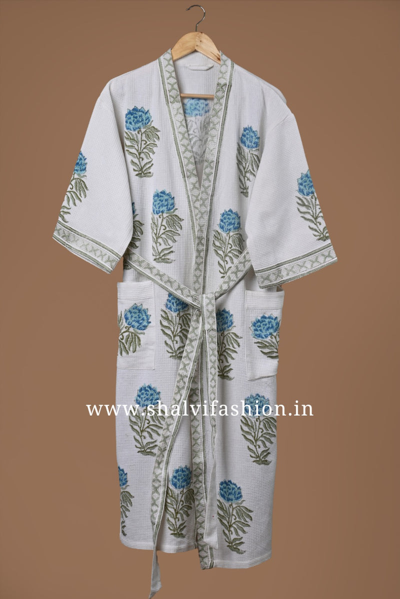 Shop blue buta print cotton waffle bathrobes (BROB24)