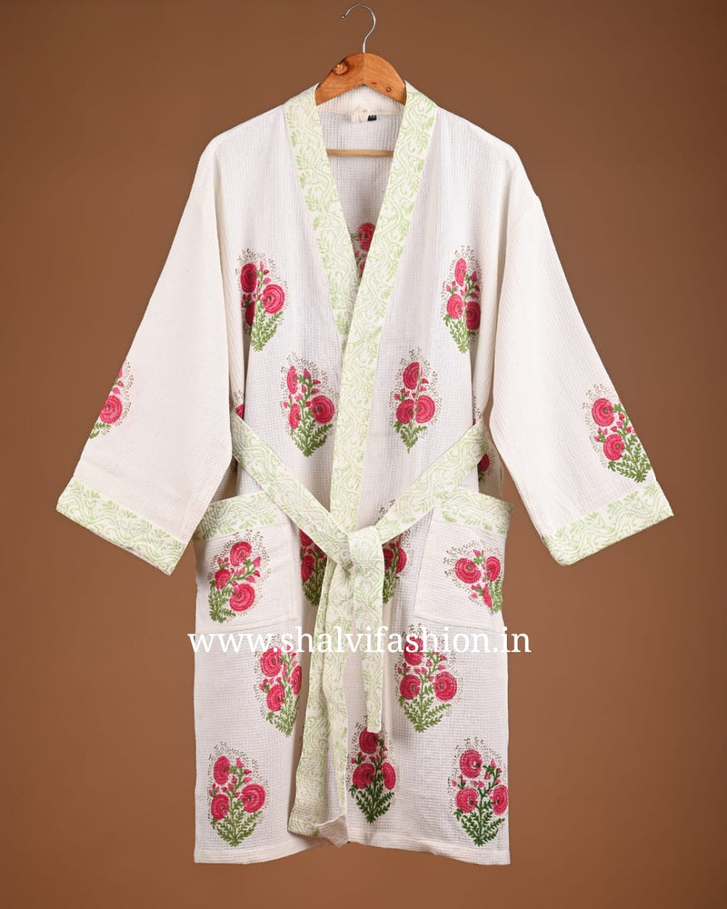 Shop block print waffle cotton bathrobes online (BROB26)