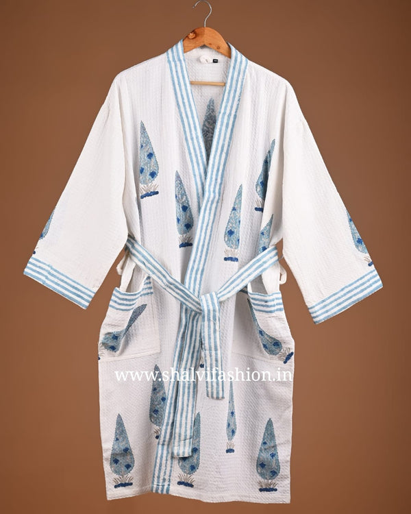 Shop block print waffle cotton bathrobes online (BROB27)