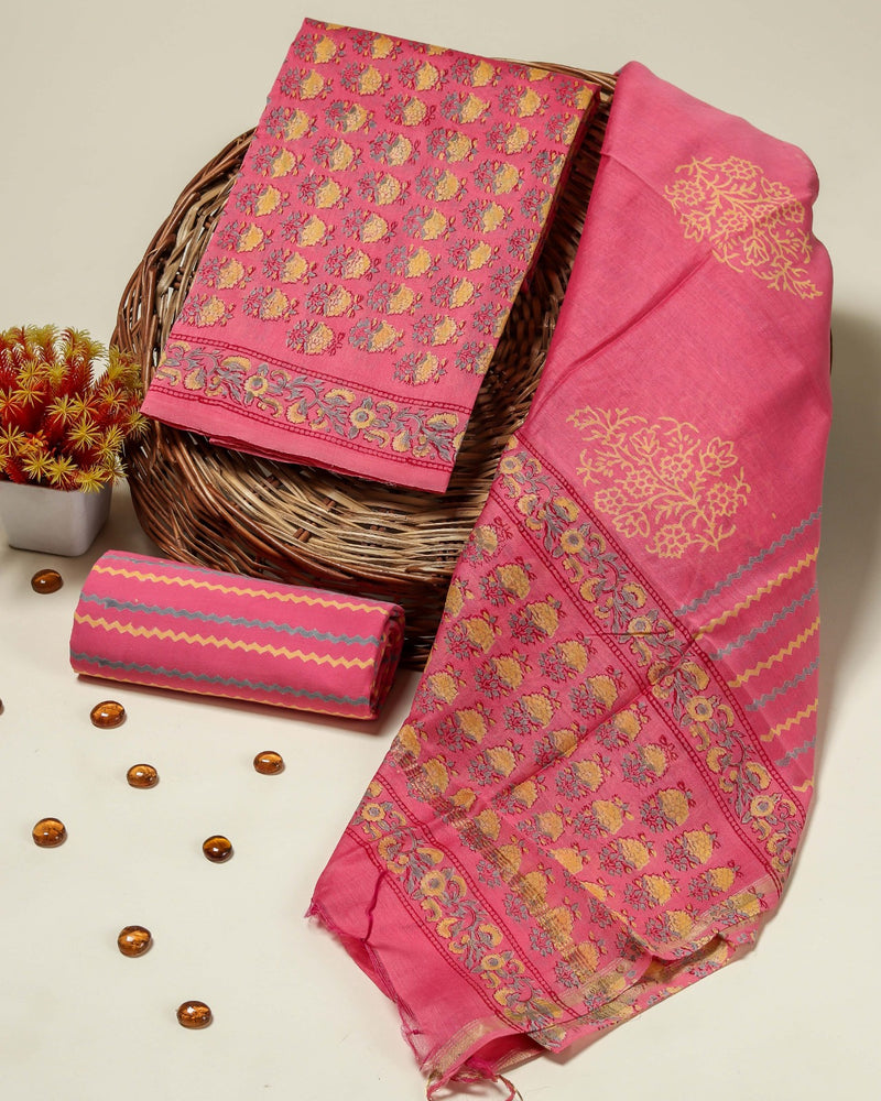 Shop unstitched block print chanderi silk suit sets in jaipur (CHA127)