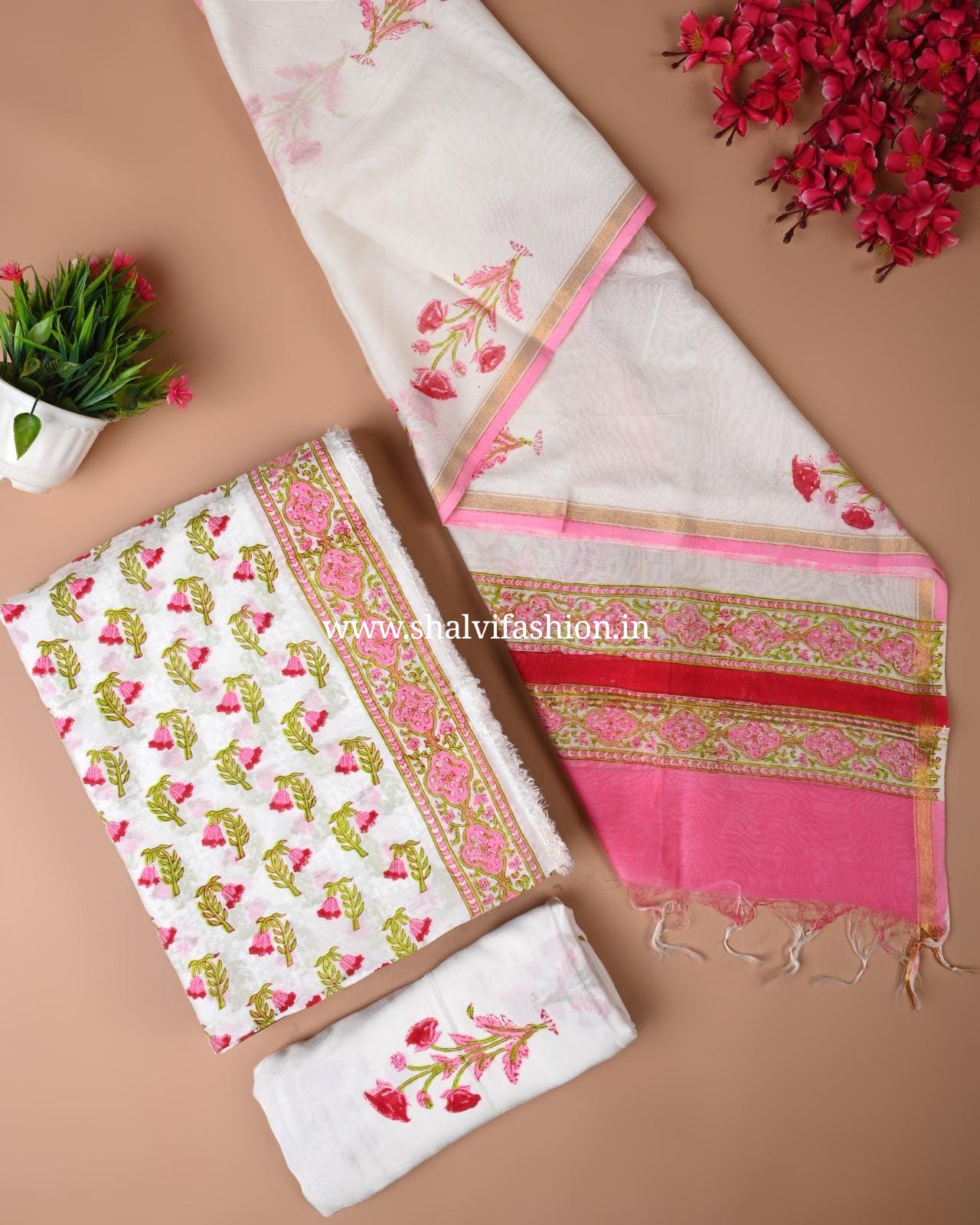 Shop jaipuri block print chanderi jacquard silk suits (CHA130)