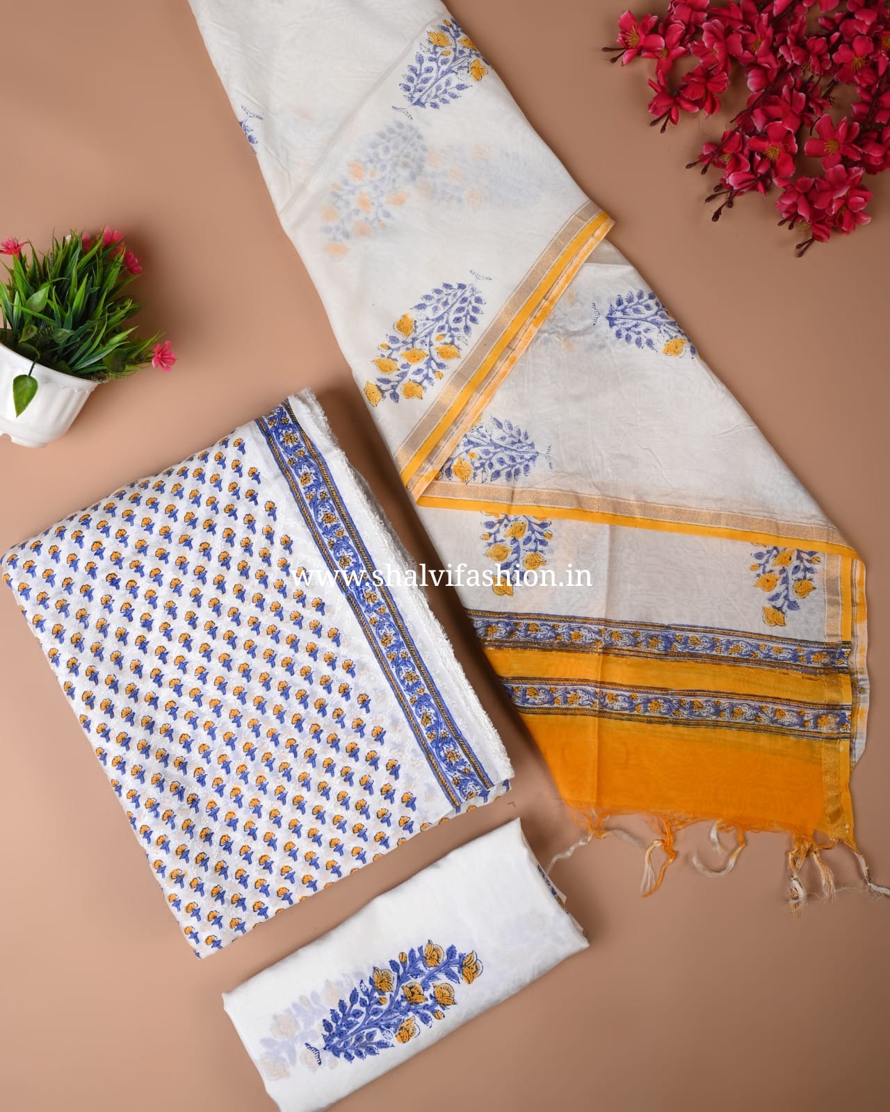 Shop unstitched block print chanderi jacquard silk suits (CHA138)