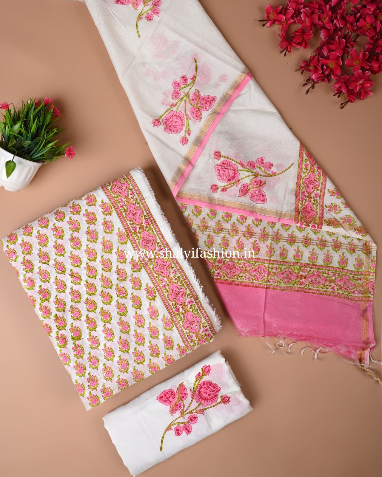 Shop hand block print jacquard silk suits online shopping (CHA141)
