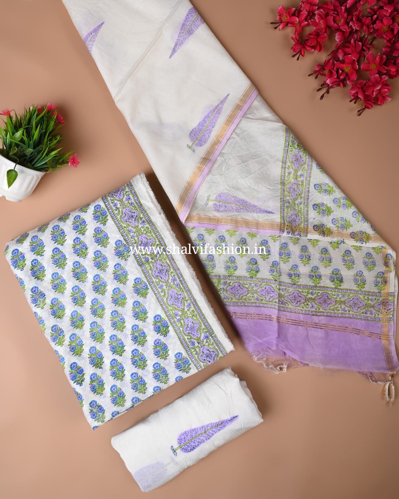 Shop unstitched block print chanderi jacquard silk suits (CHA155)