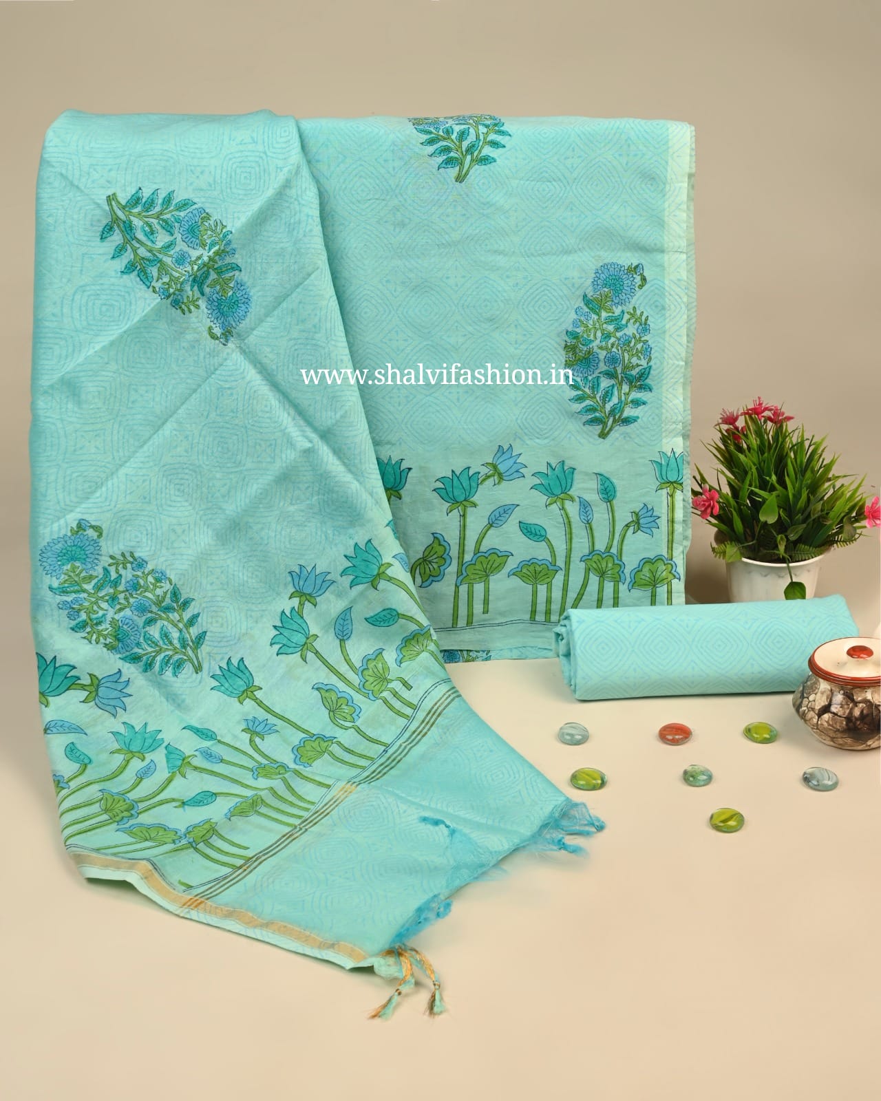 Shop sanganeri print chanderi silk suits (CHA16)