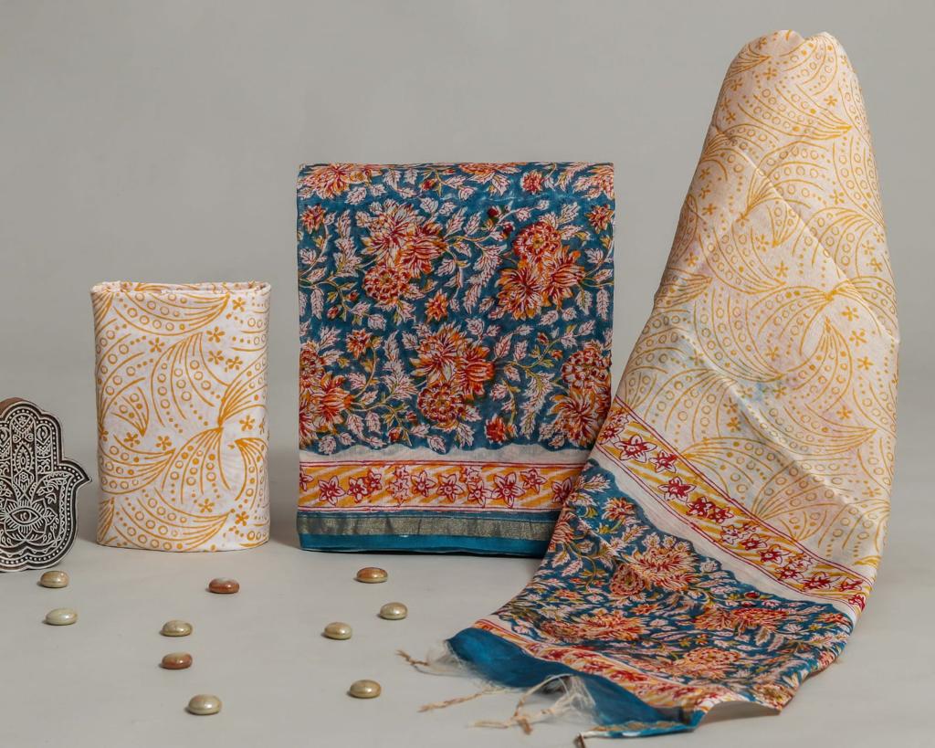 Shop unstitched block printed chanderi silk suits (CHA170)