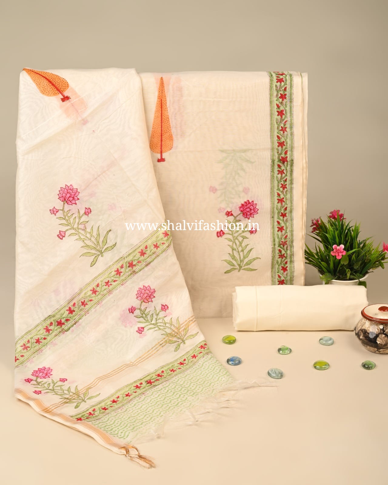 Shop block print pure chanderi silk suits (CHA179)