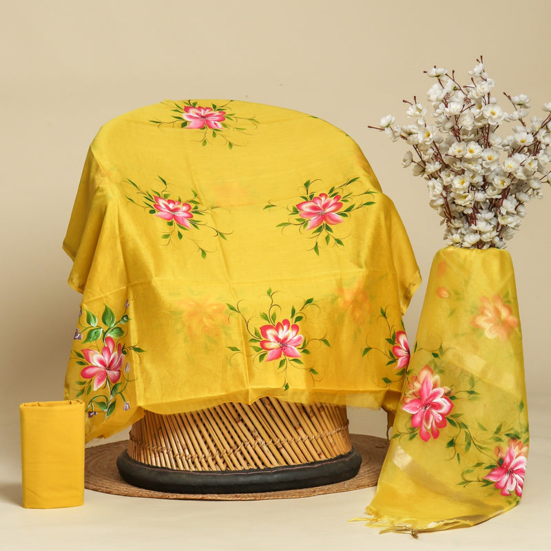 Shop yellow hand painted chanderi silk suits in jaipur (CHA220)