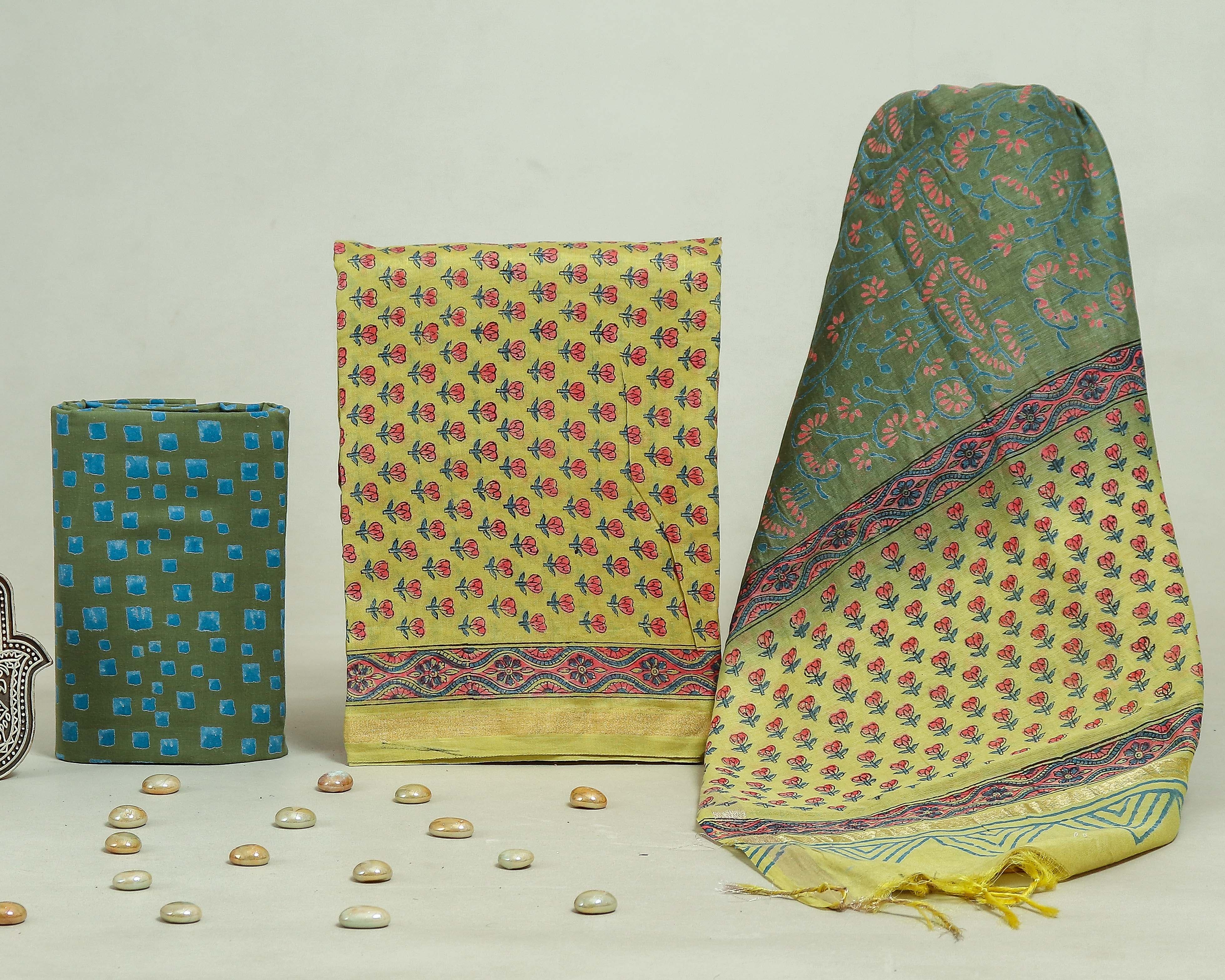 Shop block print chanderi silk suits online shopping (CHA223)