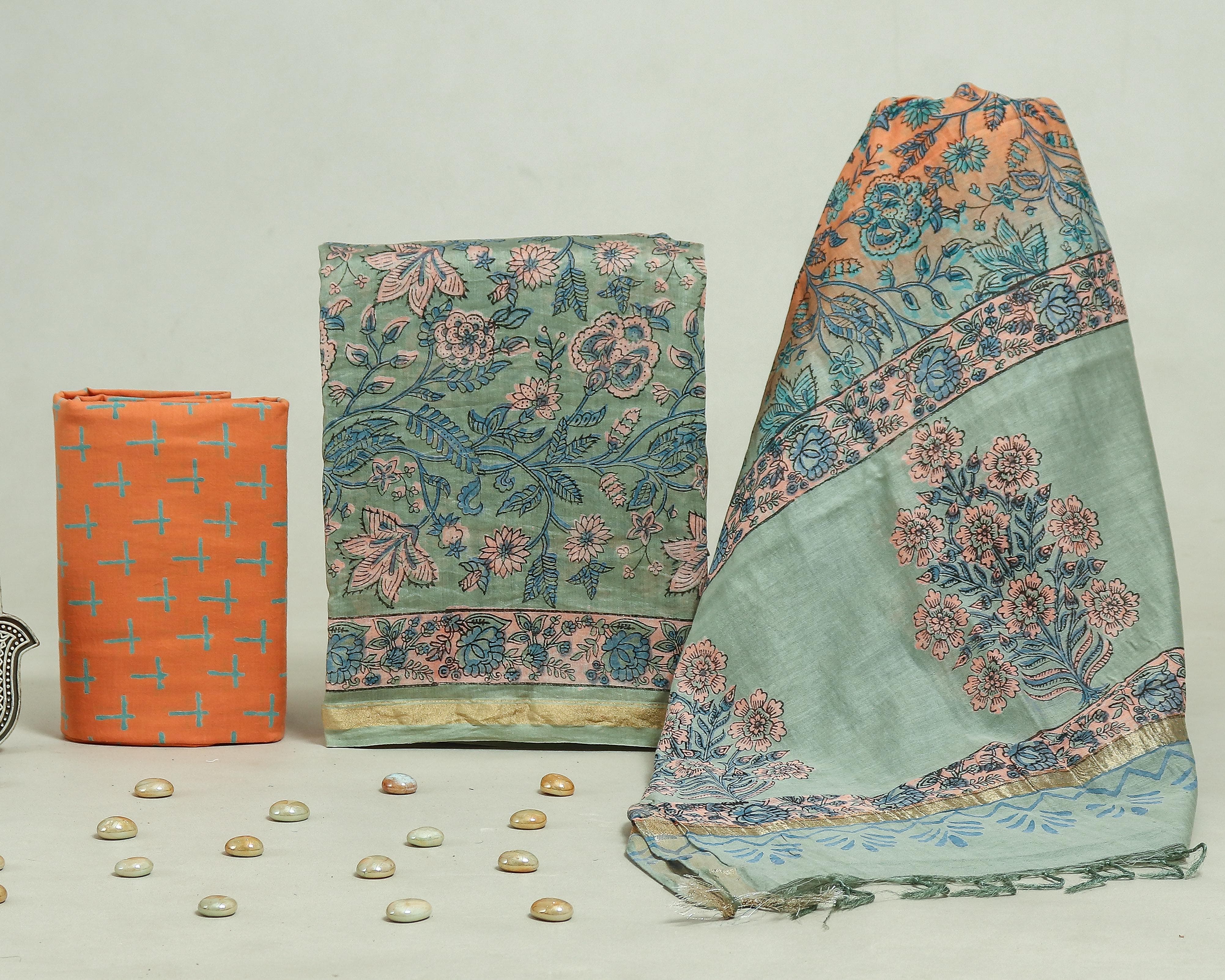 Shop block print chanderi suits online shopping (CHA224)