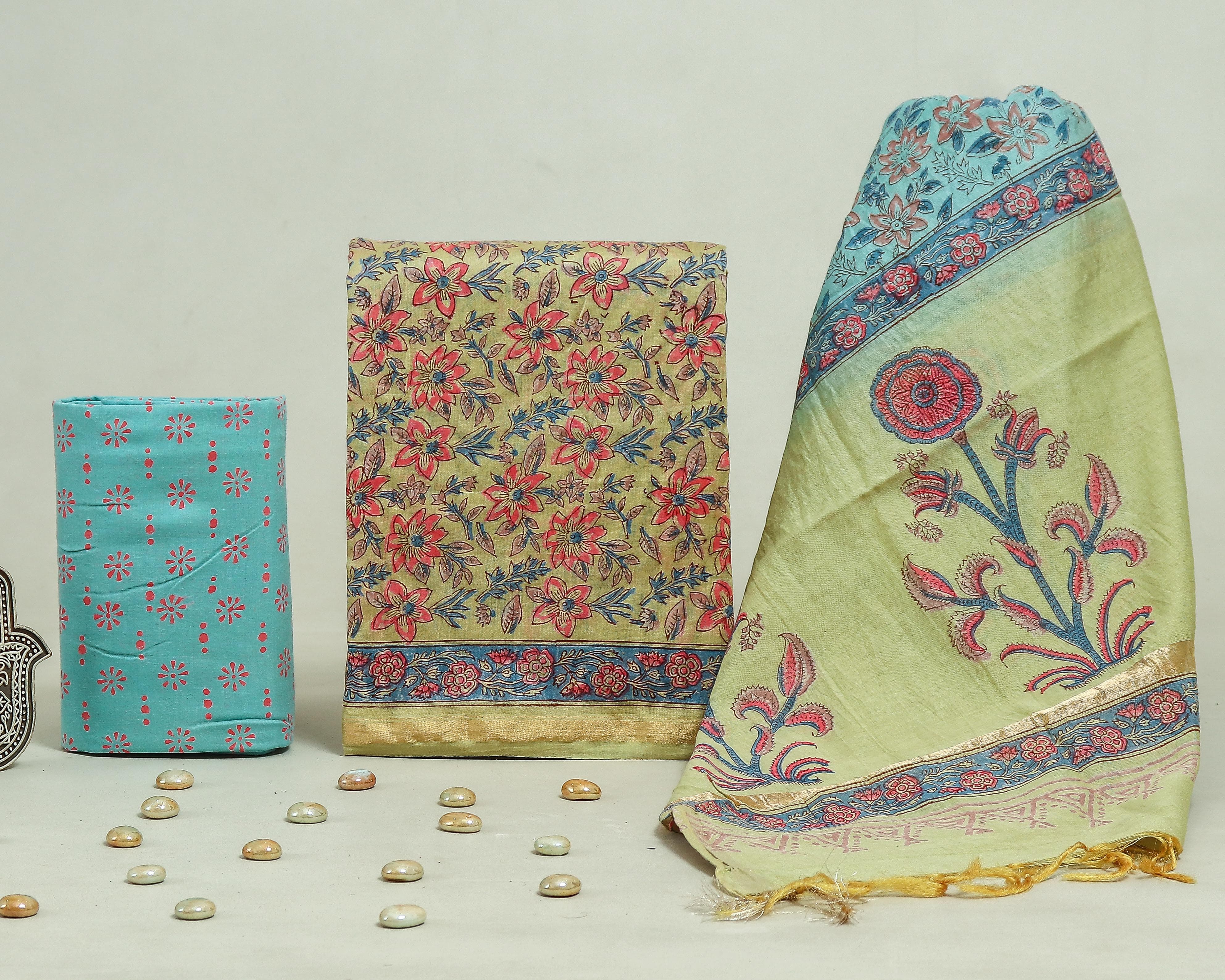 Shop unstitched hand block print chanderi silk suits (CHA225)