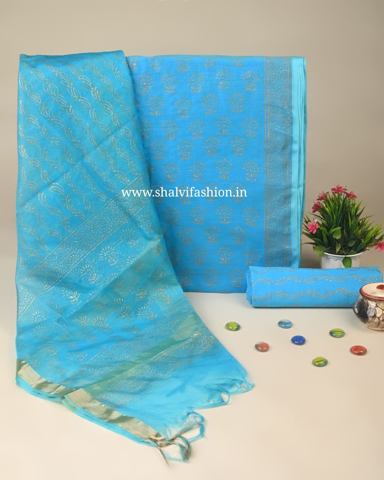 Blue Buti Print Chanderi Silk Suit Set (CHA258)