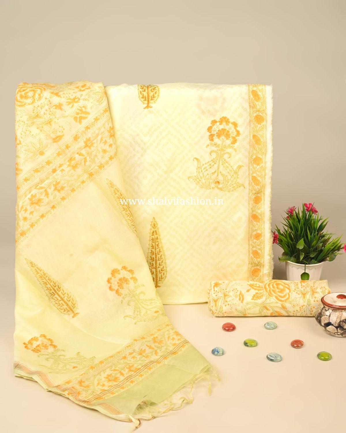 Shop unstitched block printed chanderi silk suits (CHA261)