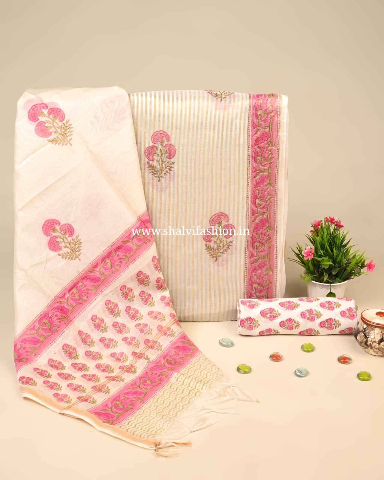 Shop block print mul chanderi silk suits online shopping (CHA29)