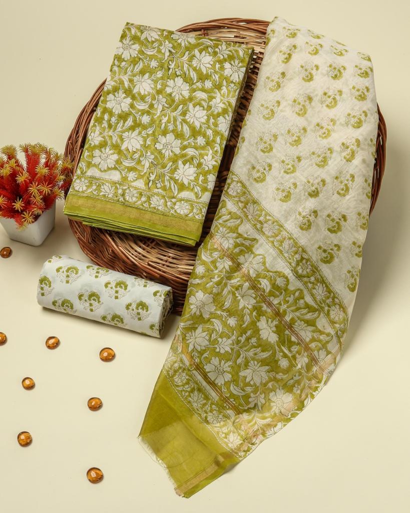 Shop green floral jaal print chanderi dress material (CHA349)