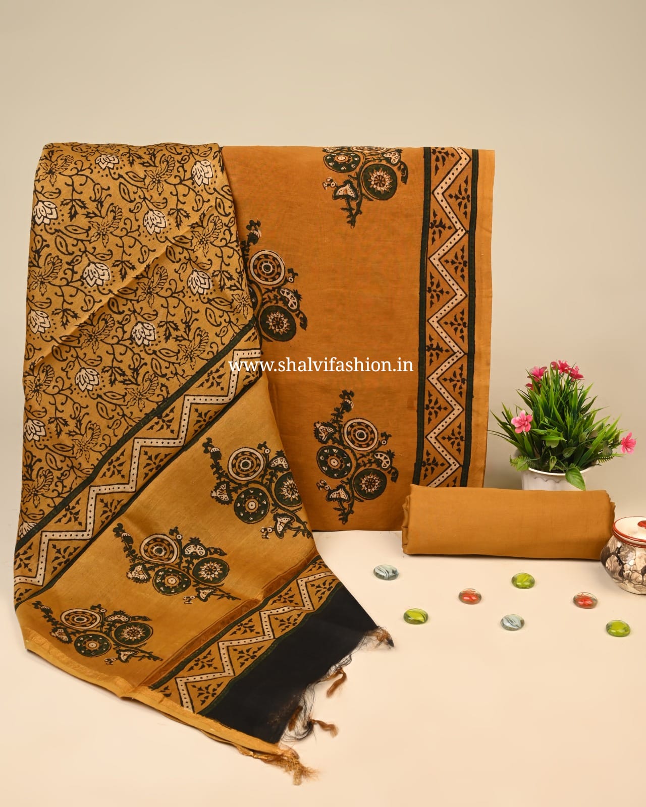 Shop block print ajrak chanderi silk suits online shopping (CHA35)