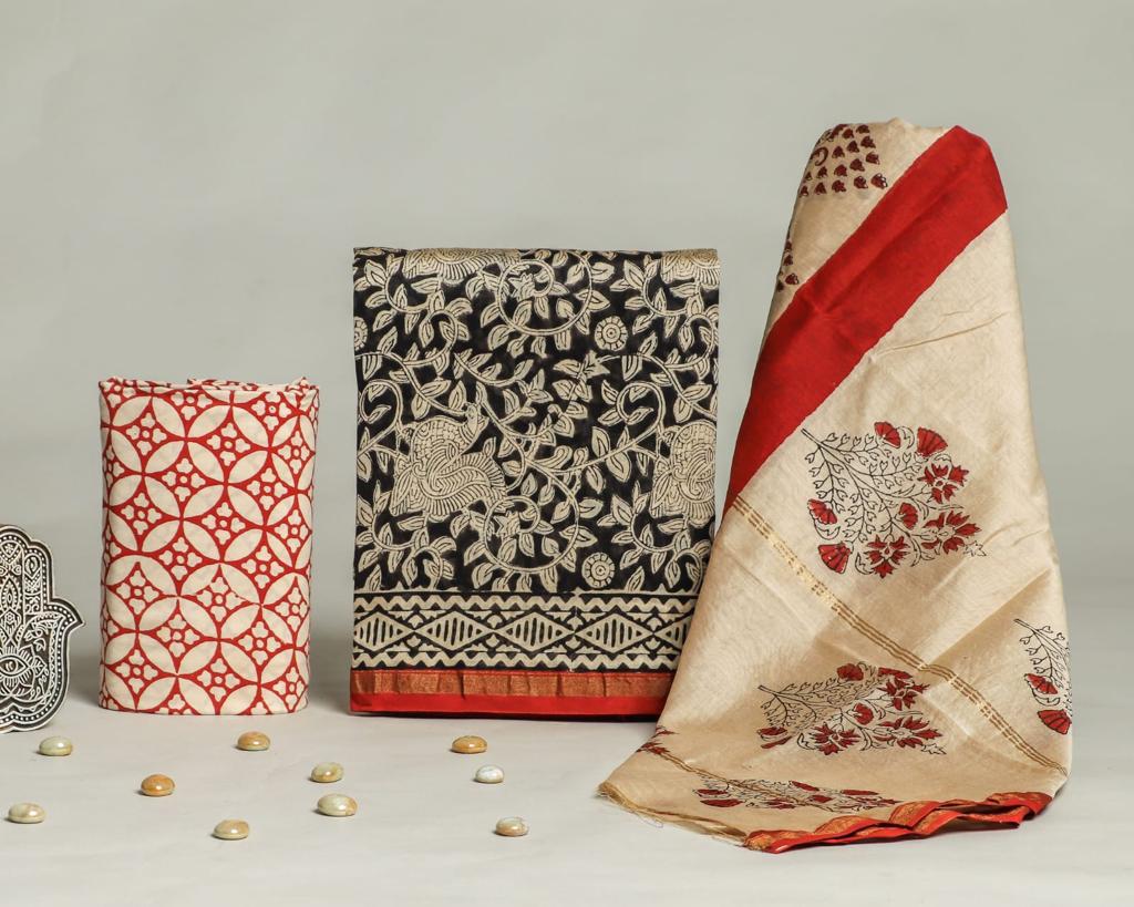 Shop unstitched hand block print chanderi silk suits online (CHA362)