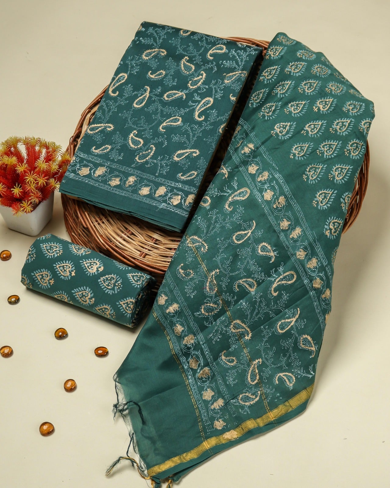 Shop unstitched hand block print pure chanderi silk suits (CHA365)