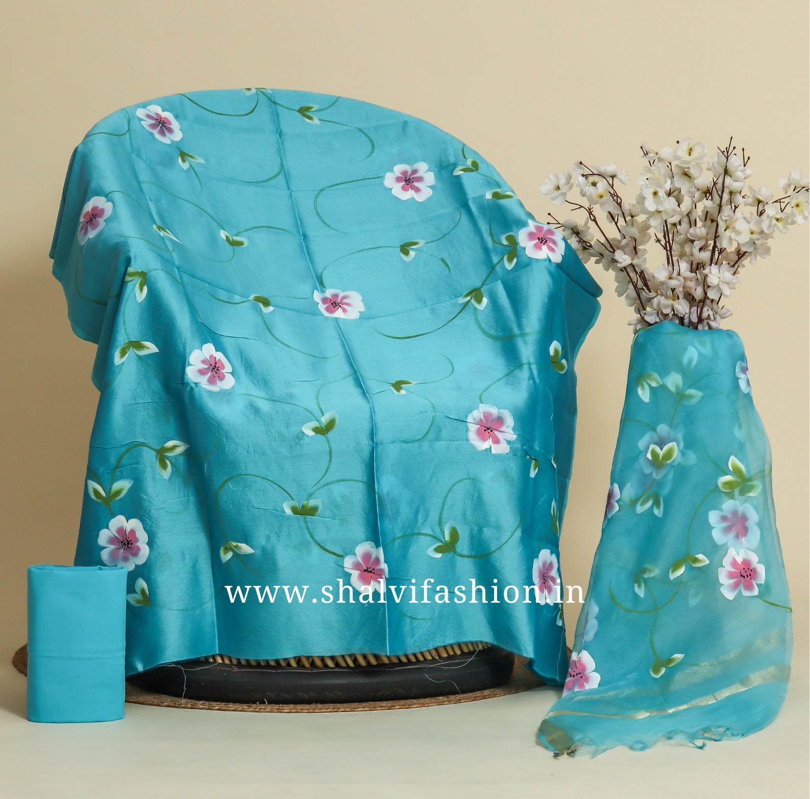 Shop hand paint chanderi silk suits with organza dupatta (CHA396)