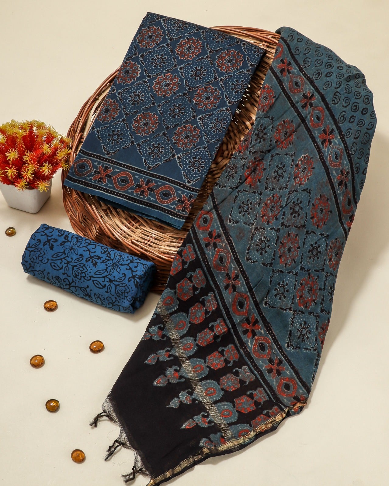 Shop Unstitched Ajrak Print Chanderi Silk Suit sets online (CHA468)