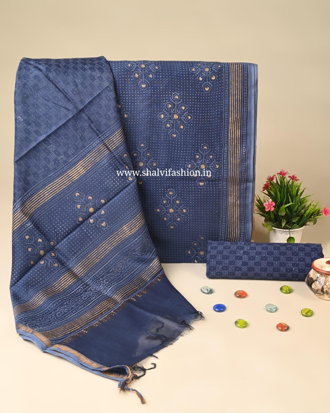 Shop Unstitched Gold Print Chanderi Silk Suit Sets (CHA486)