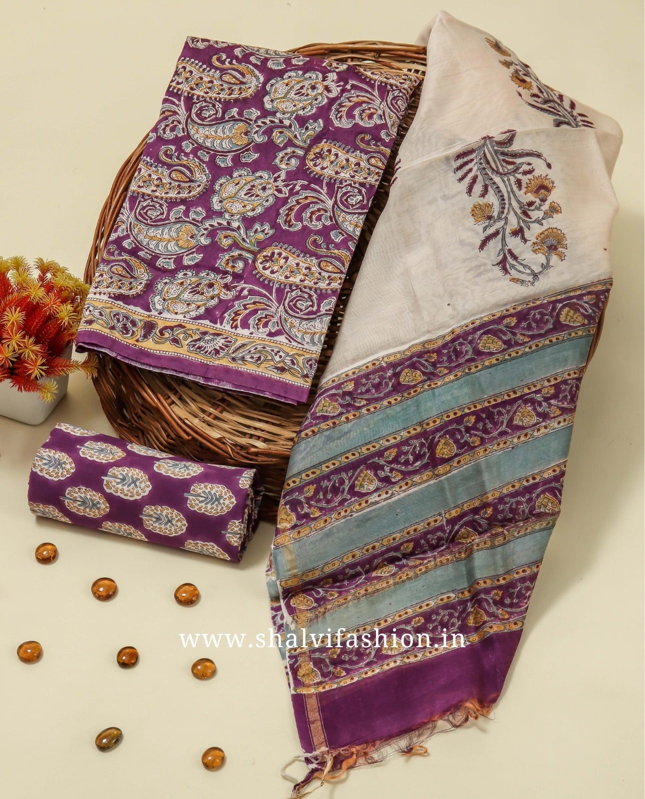 Shop unstitched block print chanderi silk suits (CHA800)