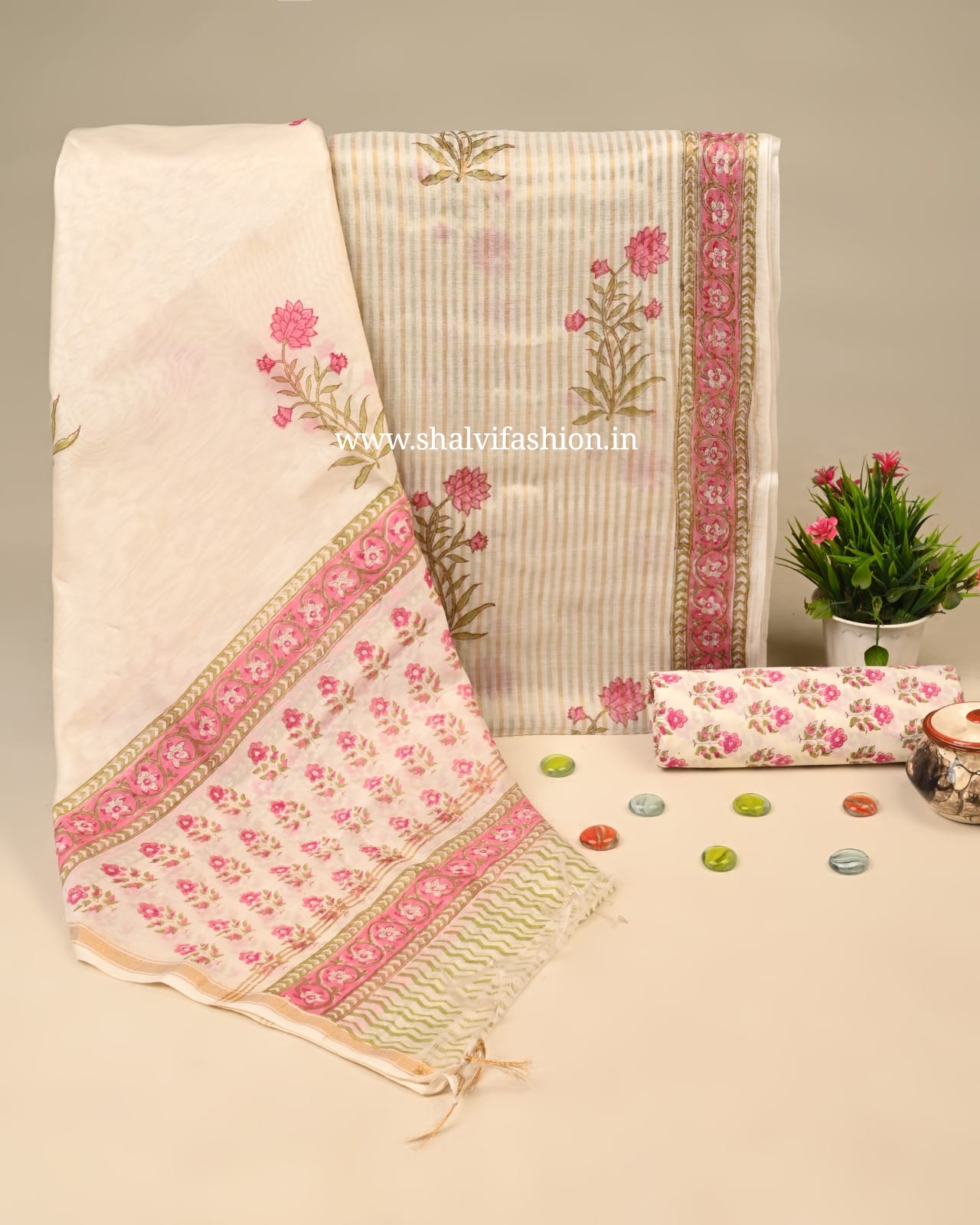 Shop hand block printed mul chanderi silk suits online (CHA83)
