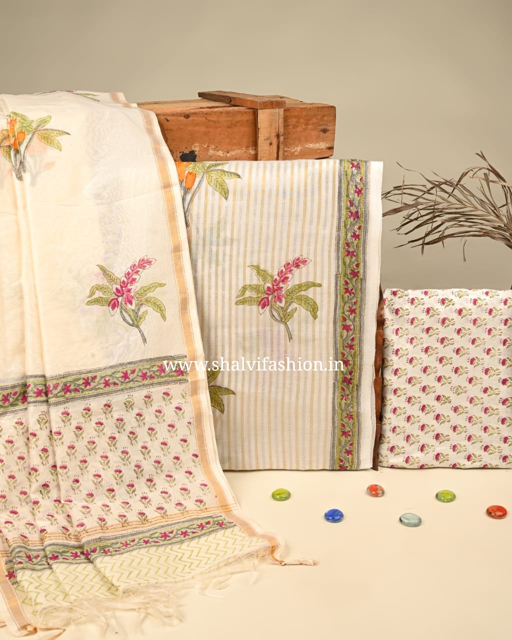 Shop unstitched mughal buta print mul chanderi suits (CHA844)