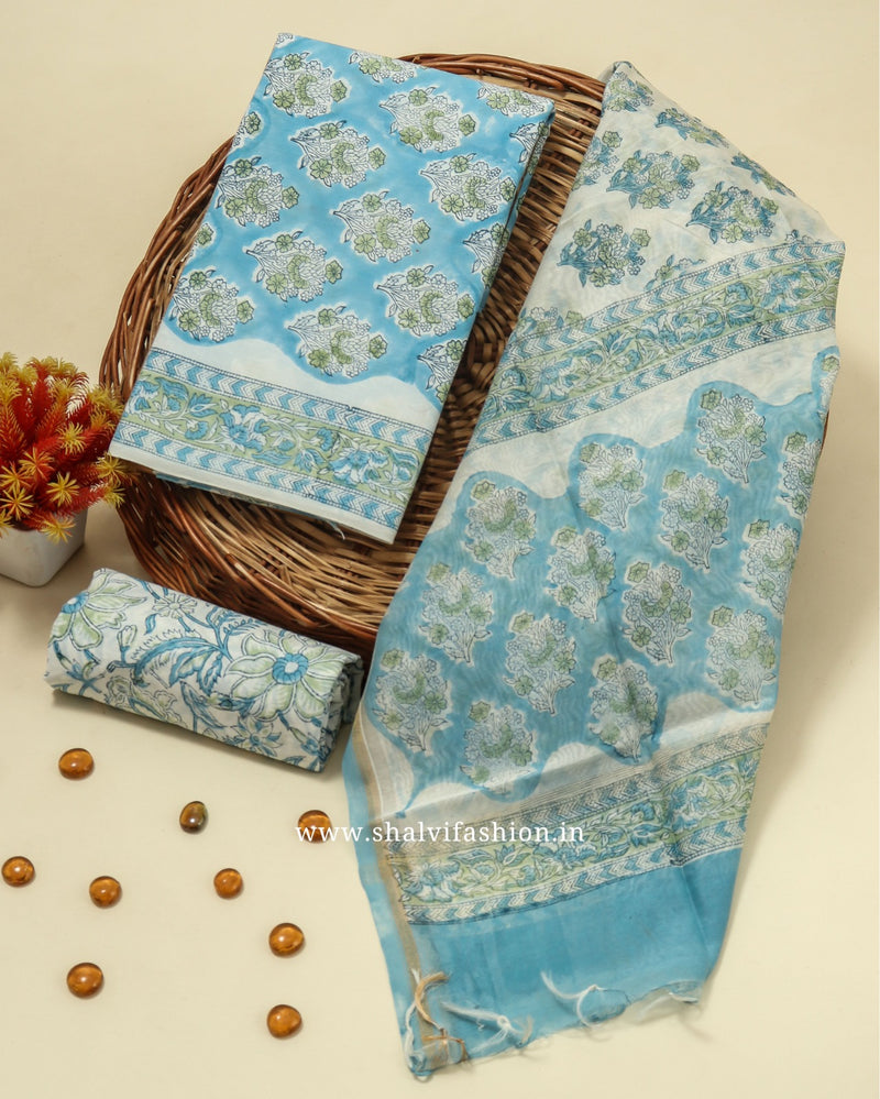 Shop blue hand block print cotton suits with chanderi dupatta (CHD112)