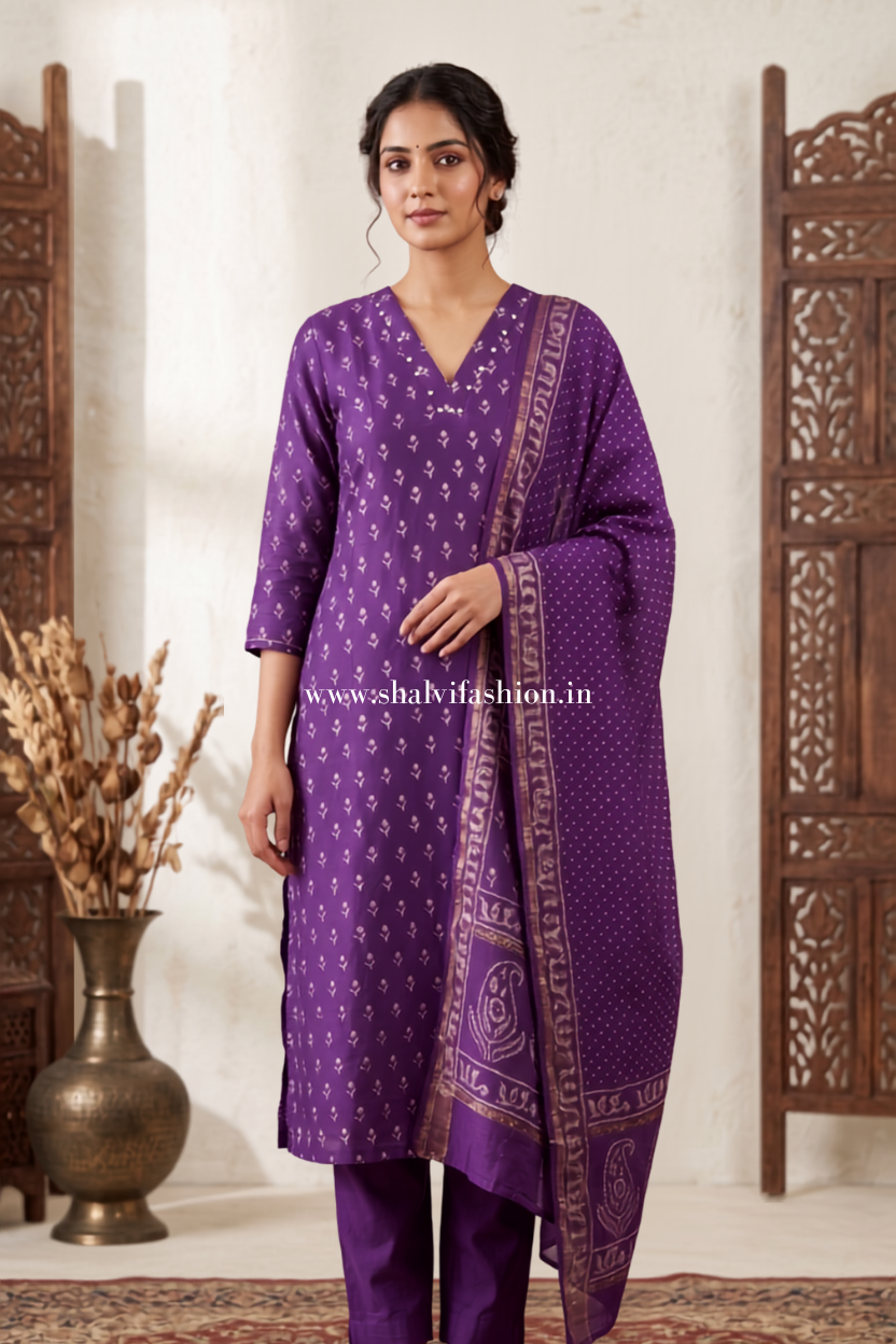 Shop block printed chanderi silk suits online shopping (CHS07)