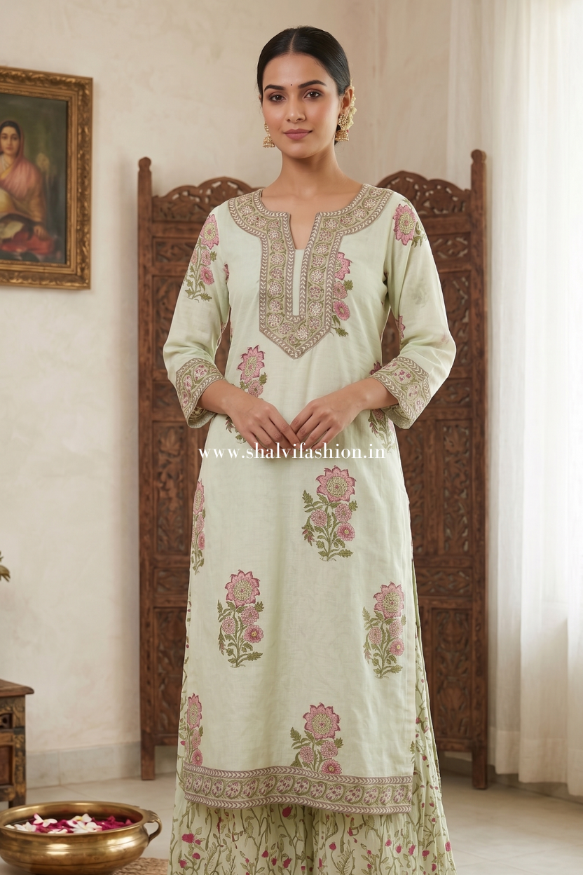 Shop block print muslin jacquard suit with chanderi silk dupatta (CHS30)
