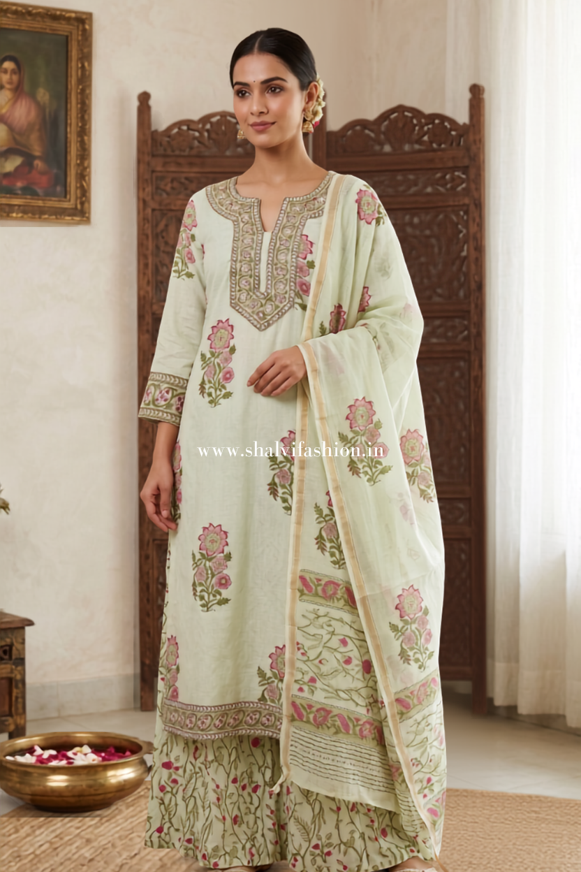 Shop block print muslin jacquard suit with chanderi silk dupatta (CHS30)