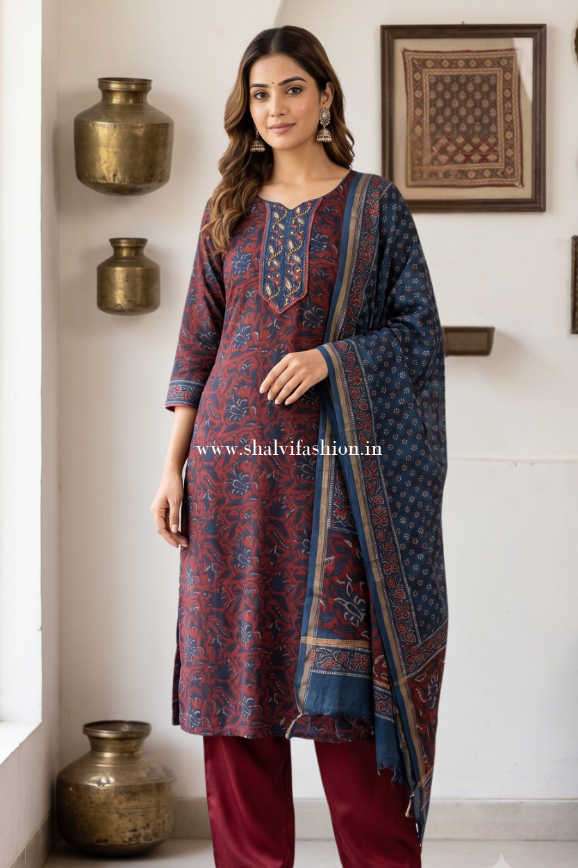 Shop traditional ajrak printed chanderi silk suits online (CHS38)