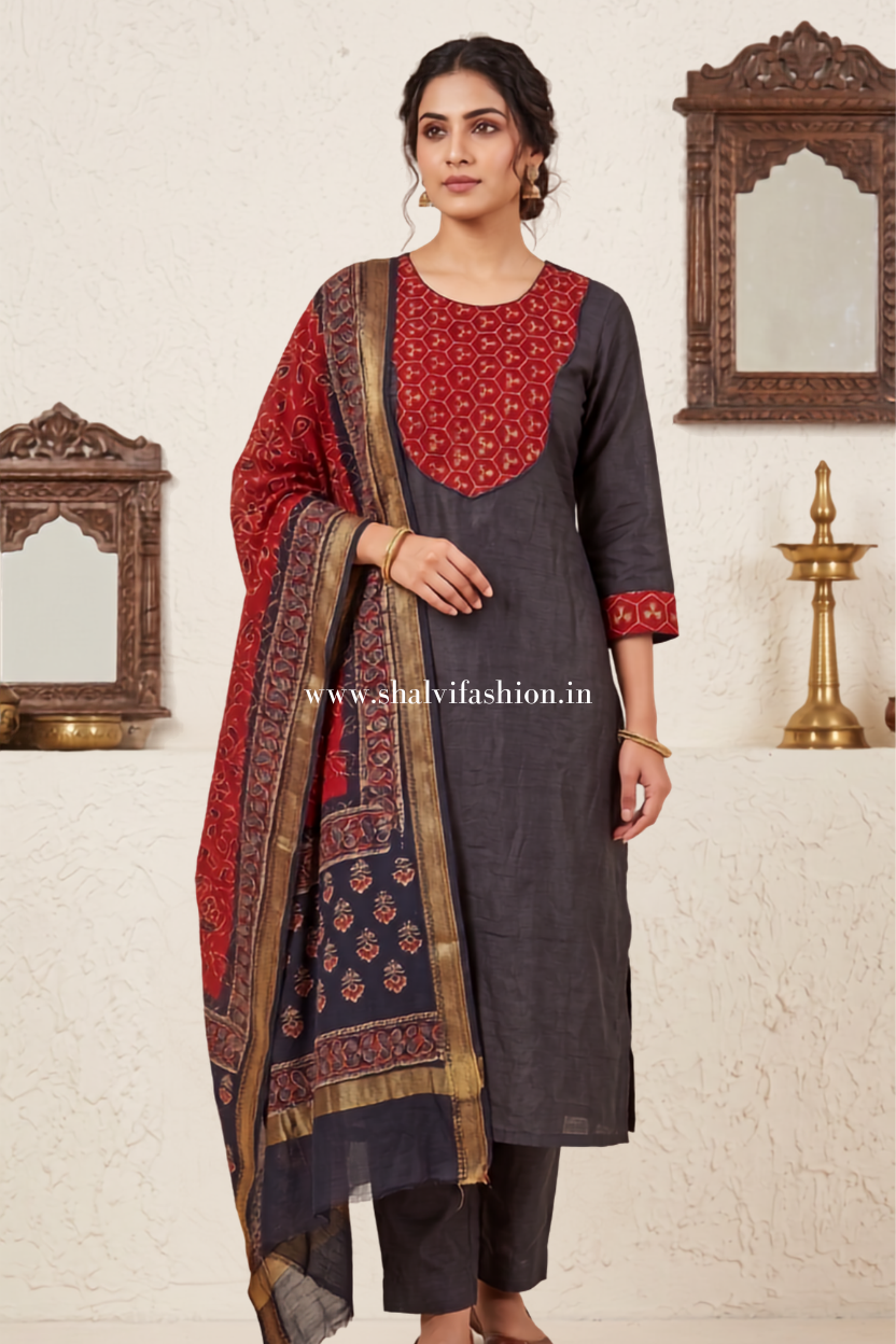 Shop jaipuri hand block print chanderi silk suits (CHS42)