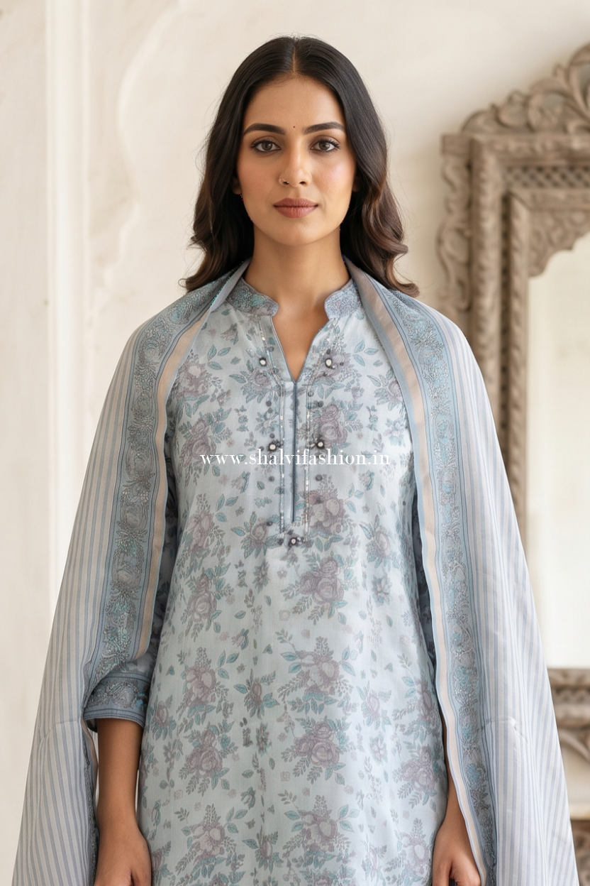 Elegant Hand Block Print Chanderi Silk Suit Set (CHS67)