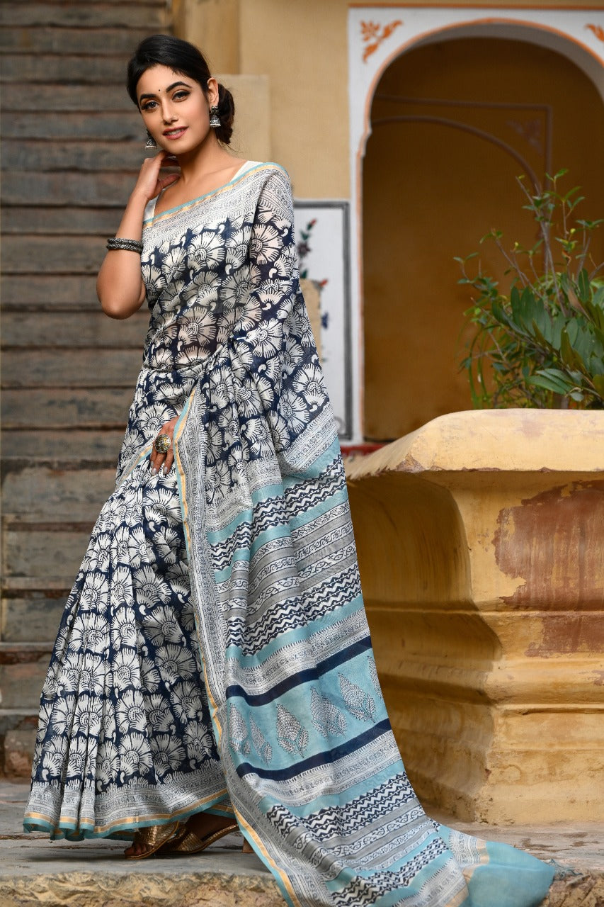 Designer Handblock Print Chanderi Saree (CHSAR01) - ShalviFashion