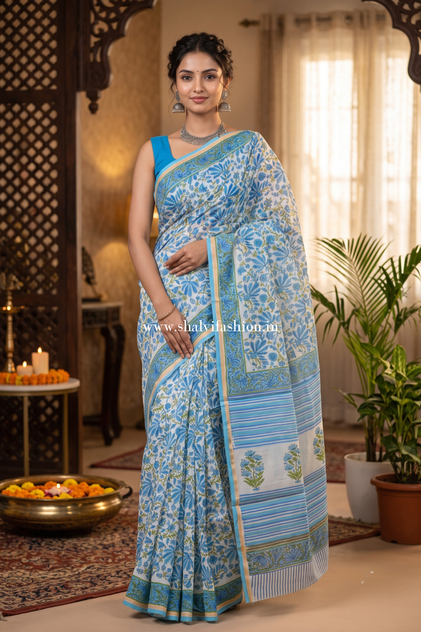 Designer Handblock Print Chanderi Saree (CHSAR07) - ShalviFashion