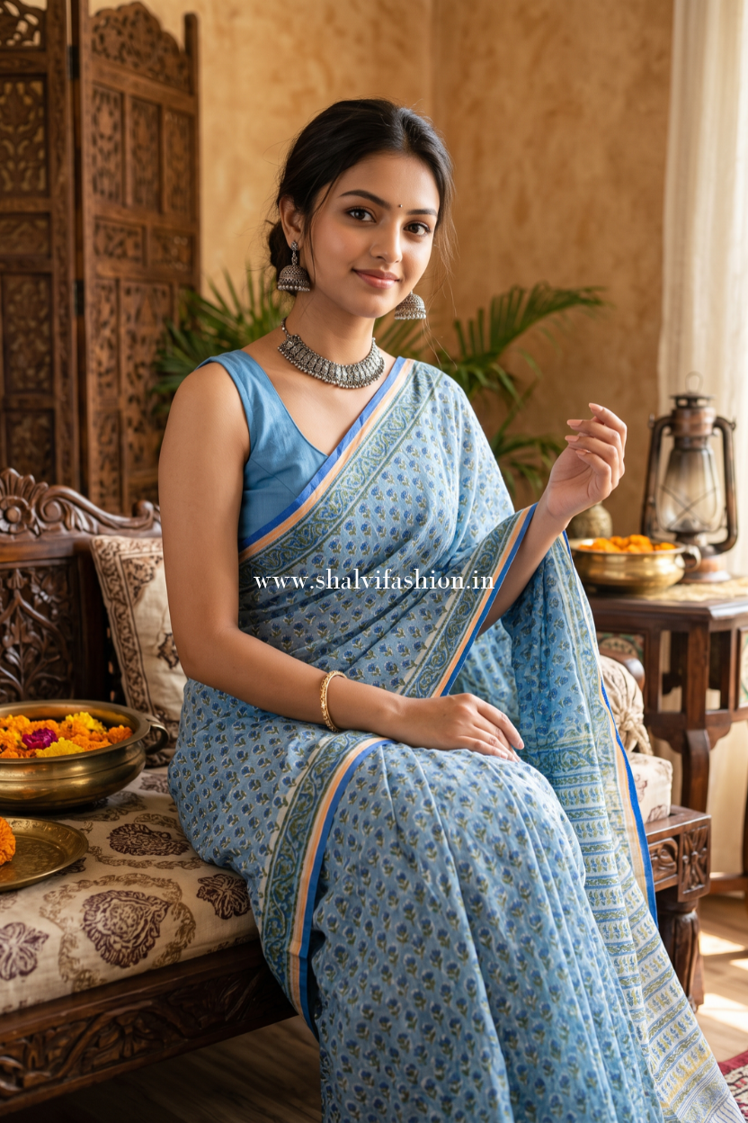 Blue Buti Hand Block Print Chanderi Saree (CHSAR09)