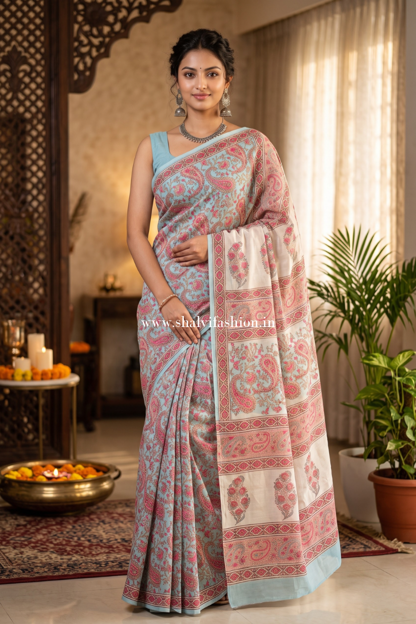 Designer Handblock Print Chanderi Saree (CHSAR12) - ShalviFashion