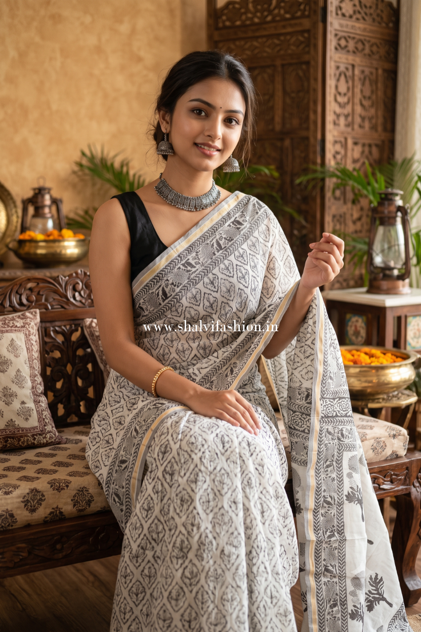 Shop hand block print chanderi silk sarees in jaipur (CHSAR44)