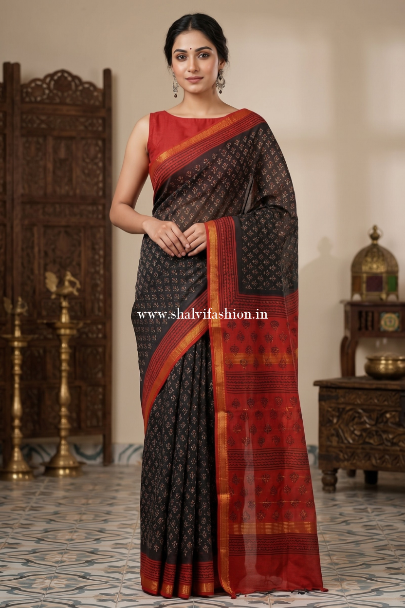 Shop block printed chanderi silk saree in jaipur (CHSAR70)