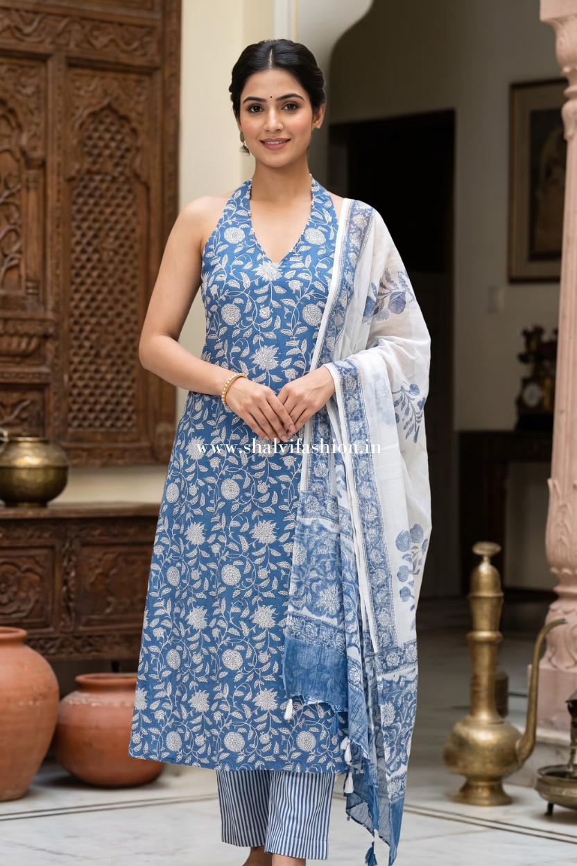Shop block print cotton suit with kota doria dupatta (CKDS05)
