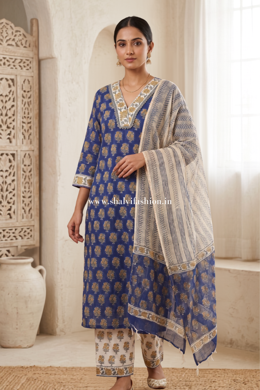 Shop jaipuri block printed kota doria dupatta cotton suits (CKDS07)