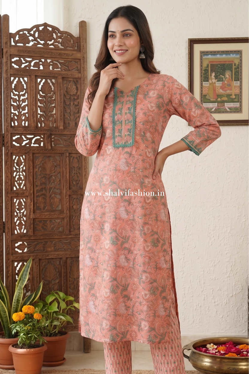 Shop block printed cotton suits with kota doria dupatta online (CKDS21)