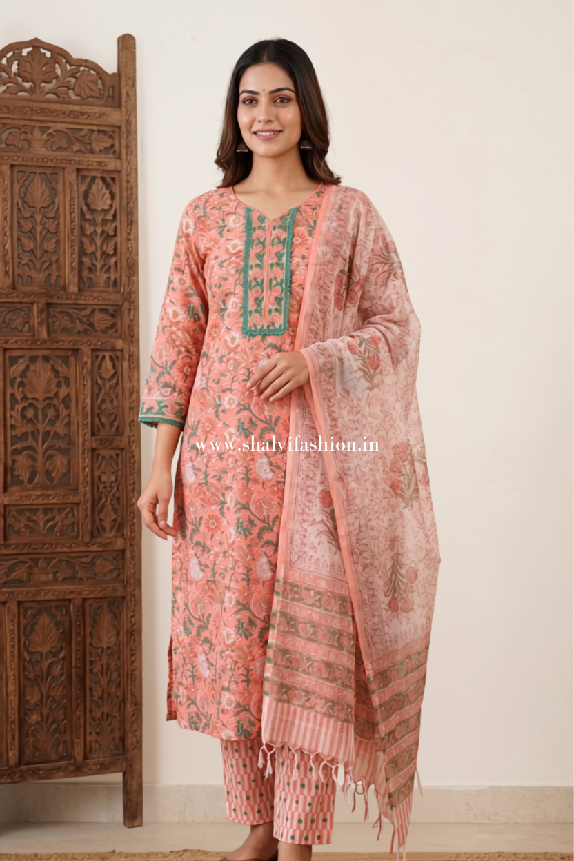Shop block printed cotton suits with kota doria dupatta online (CKDS21)
